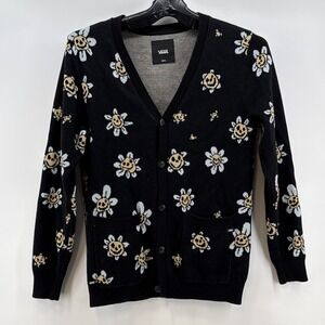 Vans Smiley Flowered Face Black Sweater Buttons Cardigan Mens Size Small
